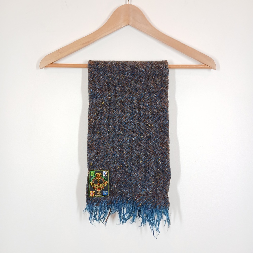 Donegal Tweed Scarf Men Blue Brown 100% Pure Wool Fringe Irish Heritage Rustic
